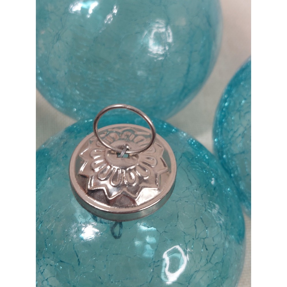 Set Of 3 Large Aqua Blue Crackle Glass Christmas Ornaments Coastal Beach 4" - Picture 13 of 15